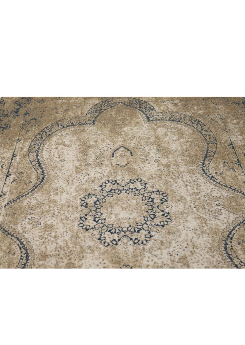 Autentik E017B rug, Pierre Cardin, silk and bamboo, abstract pattern, cream / blue, 160 x 230 cm