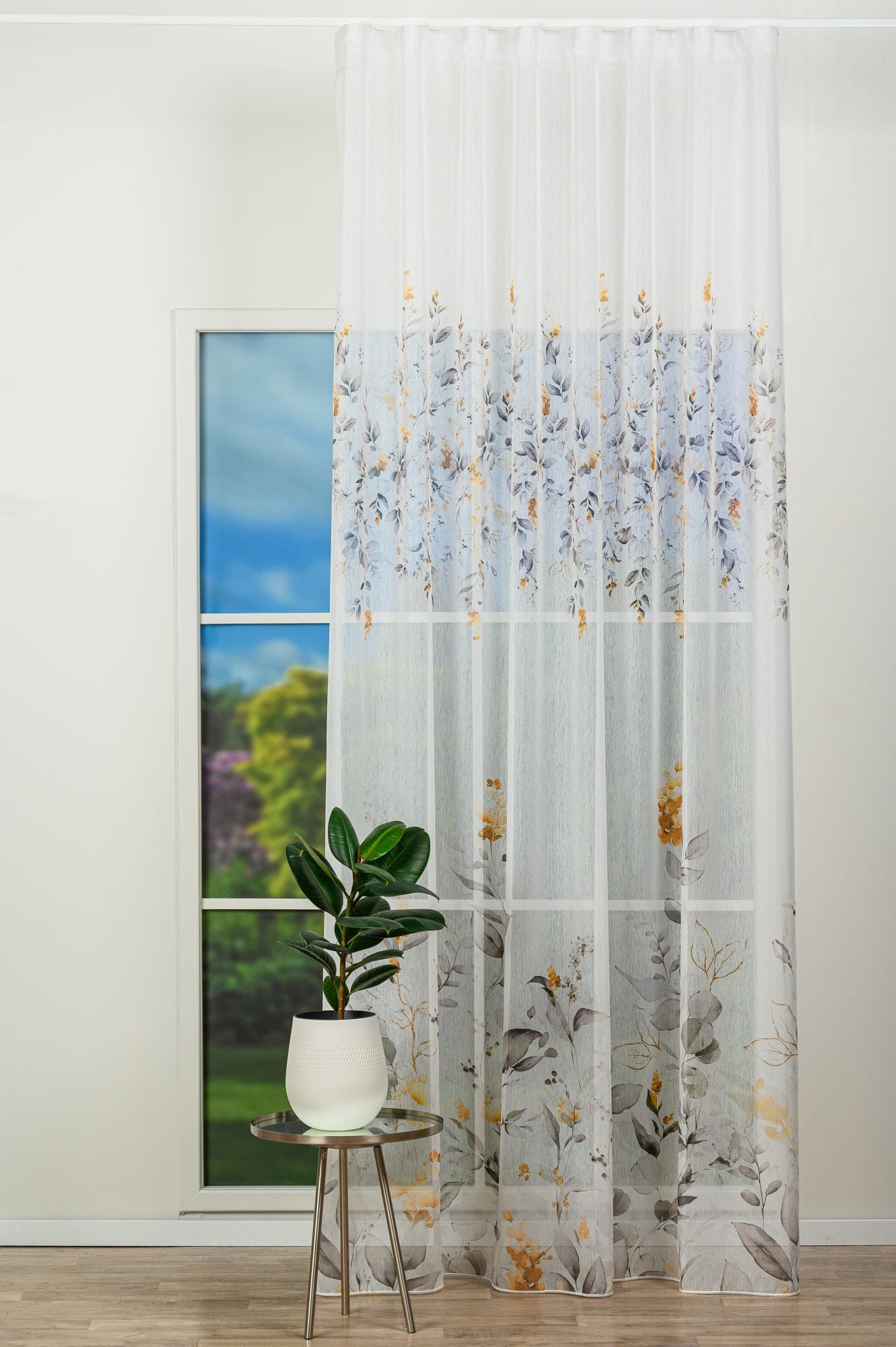 Perdea Bettsy 03, voal cu model floral, muștar și gri