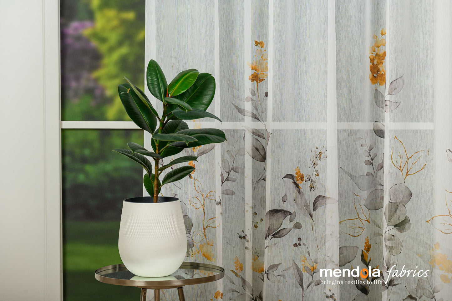 Perdea Bettsy 03, voal cu model floral, muștar și gri