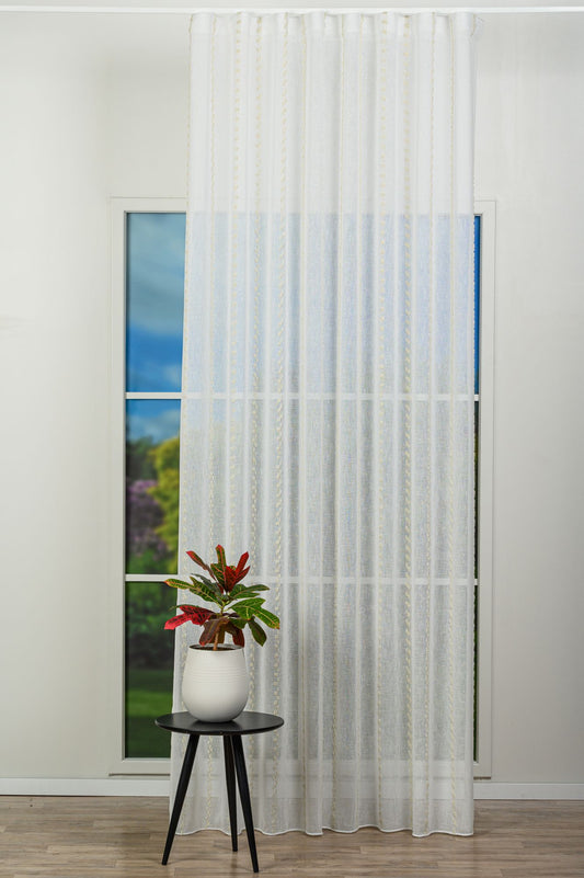 Perdea Cassata 01, crem, cu broderie model dungi verticale