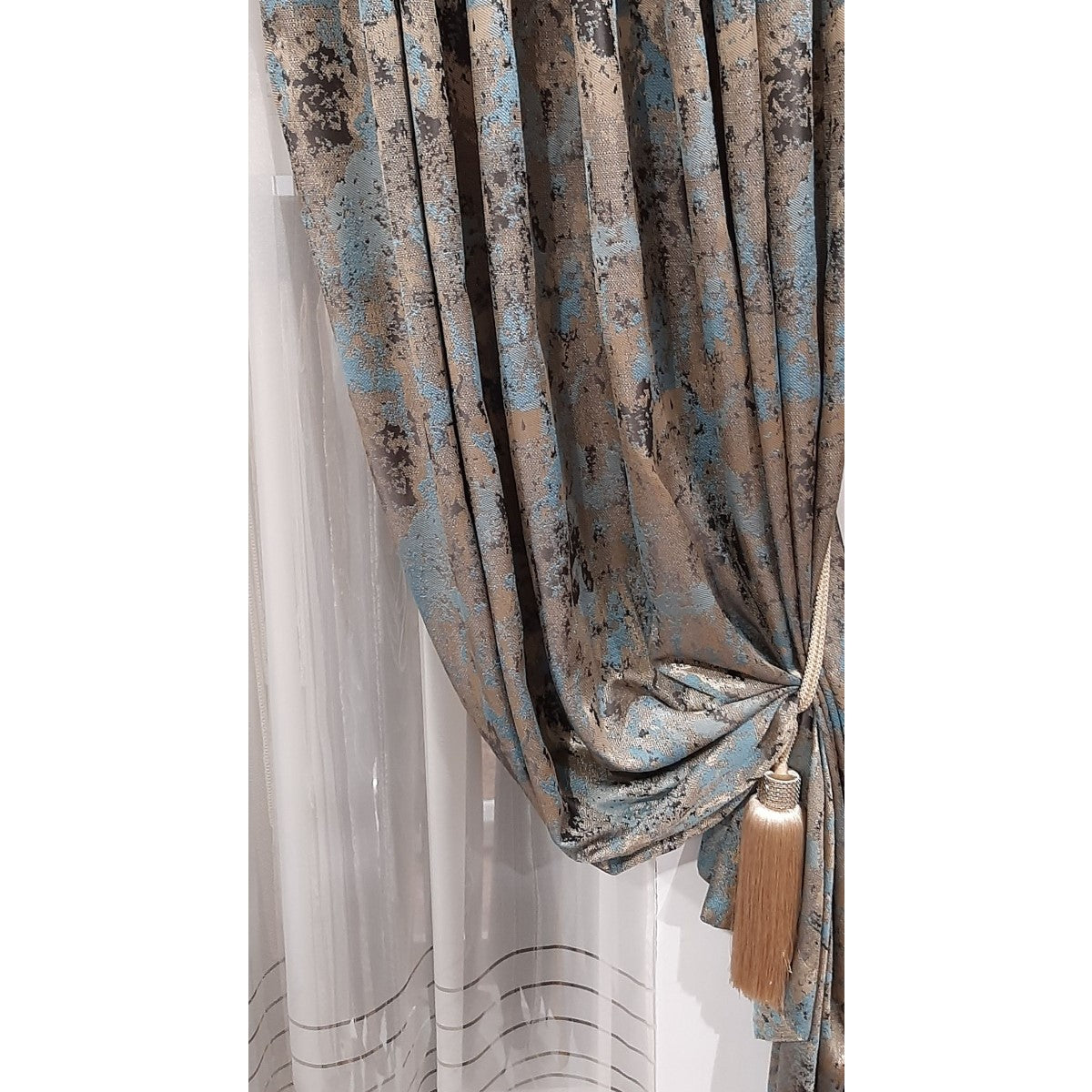 Draperie 20365/4110 mătase, turcoaz, auriu, negru, model patinat, opacitate 95%