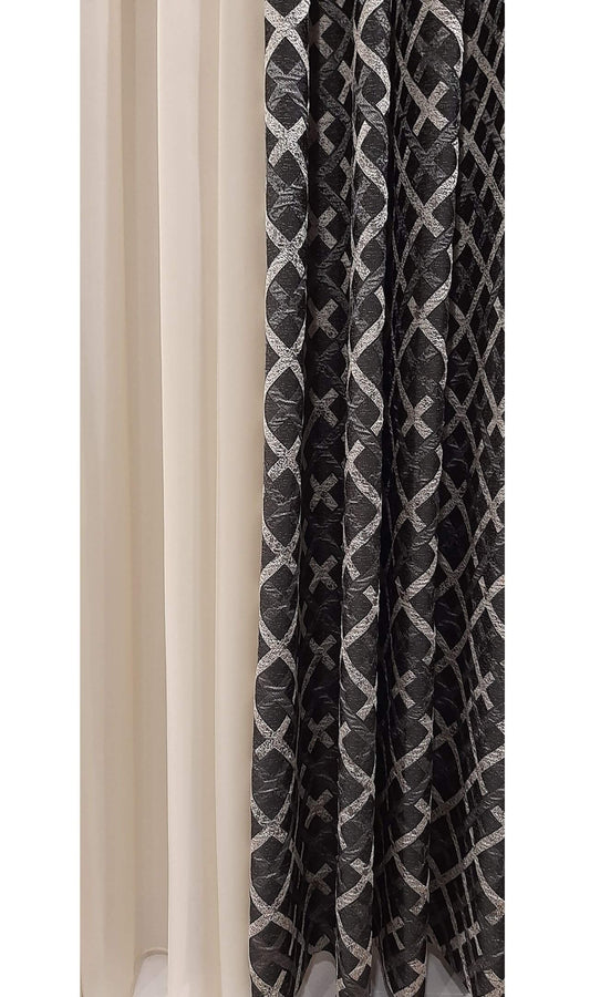 Draperie 20850/290, tafta și in, model gofrat, negru și gri