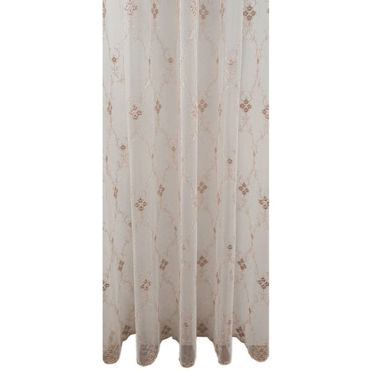 Perdea 24179/07, tull alb cu broderie model floral bej