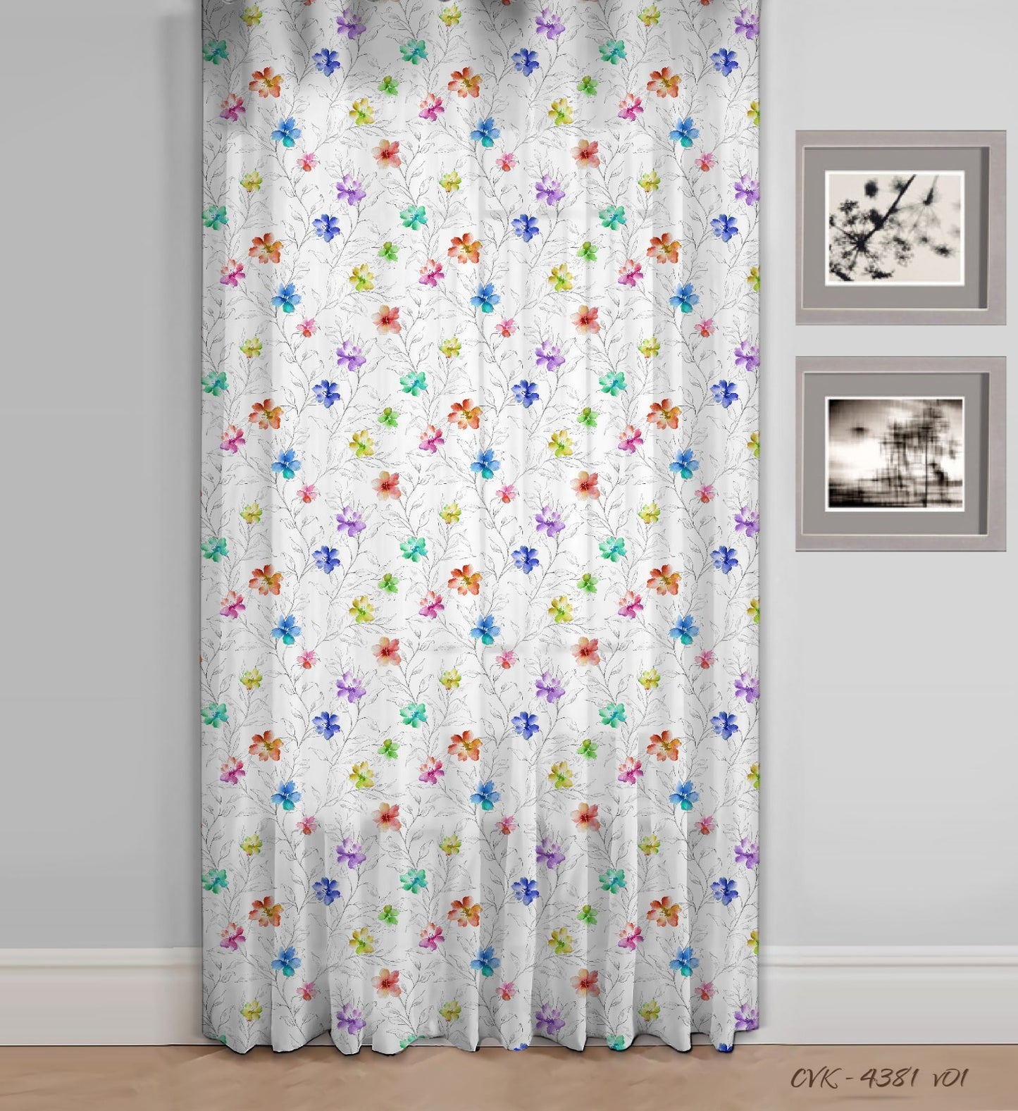 Curtain 534 CVK 4381/01, linen, white background with multicolor floral pattern