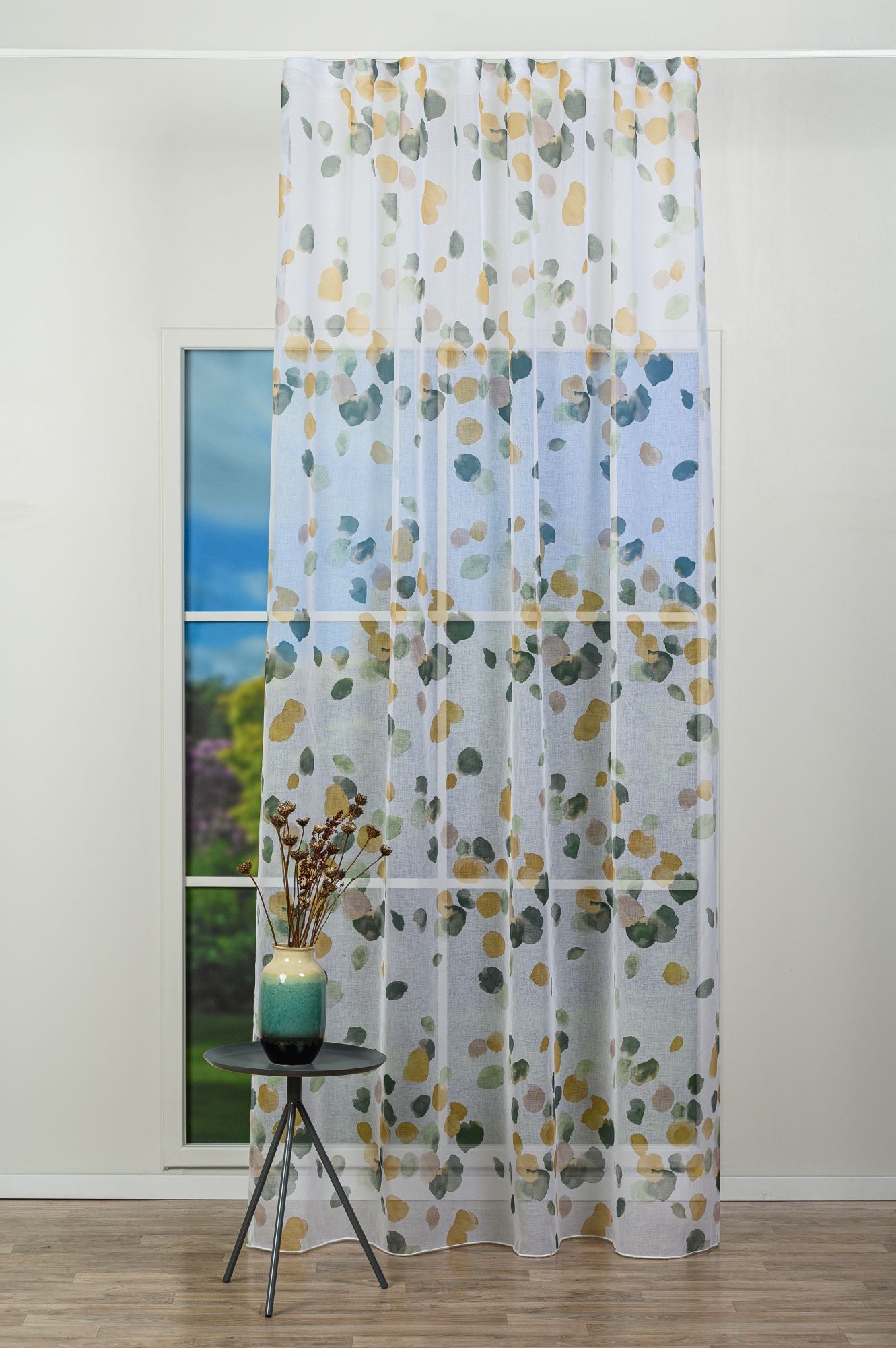 Dessi C3 curtain, mustard, with multi-colored polka dots