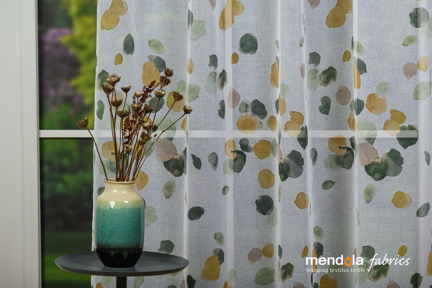 Dessi C3 curtain, mustard, with multi-colored polka dots