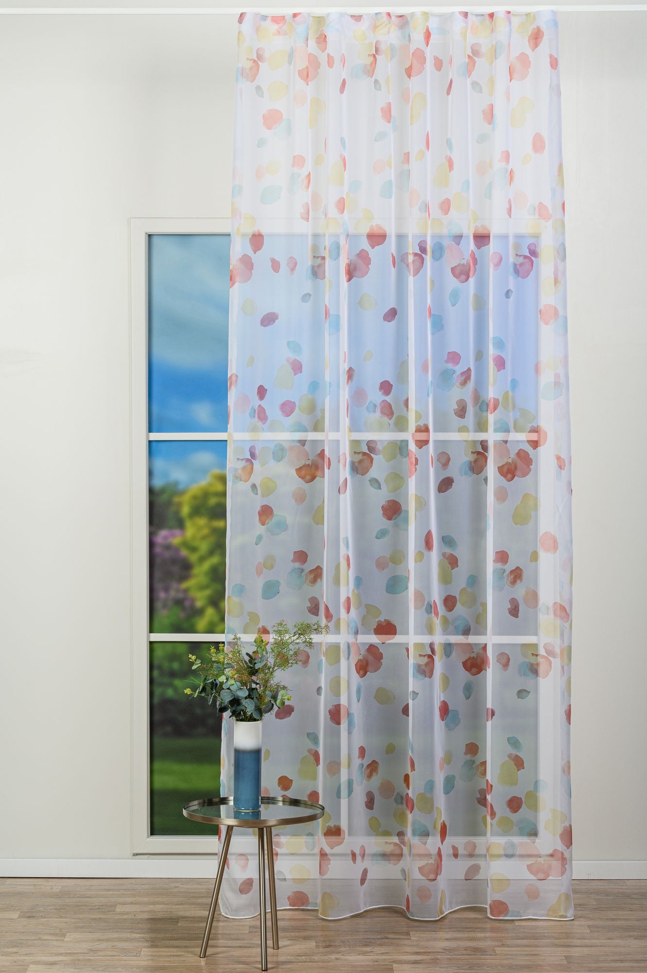 Dessi V2 curtain, yellow, terracotta, with multi-colored polka dots