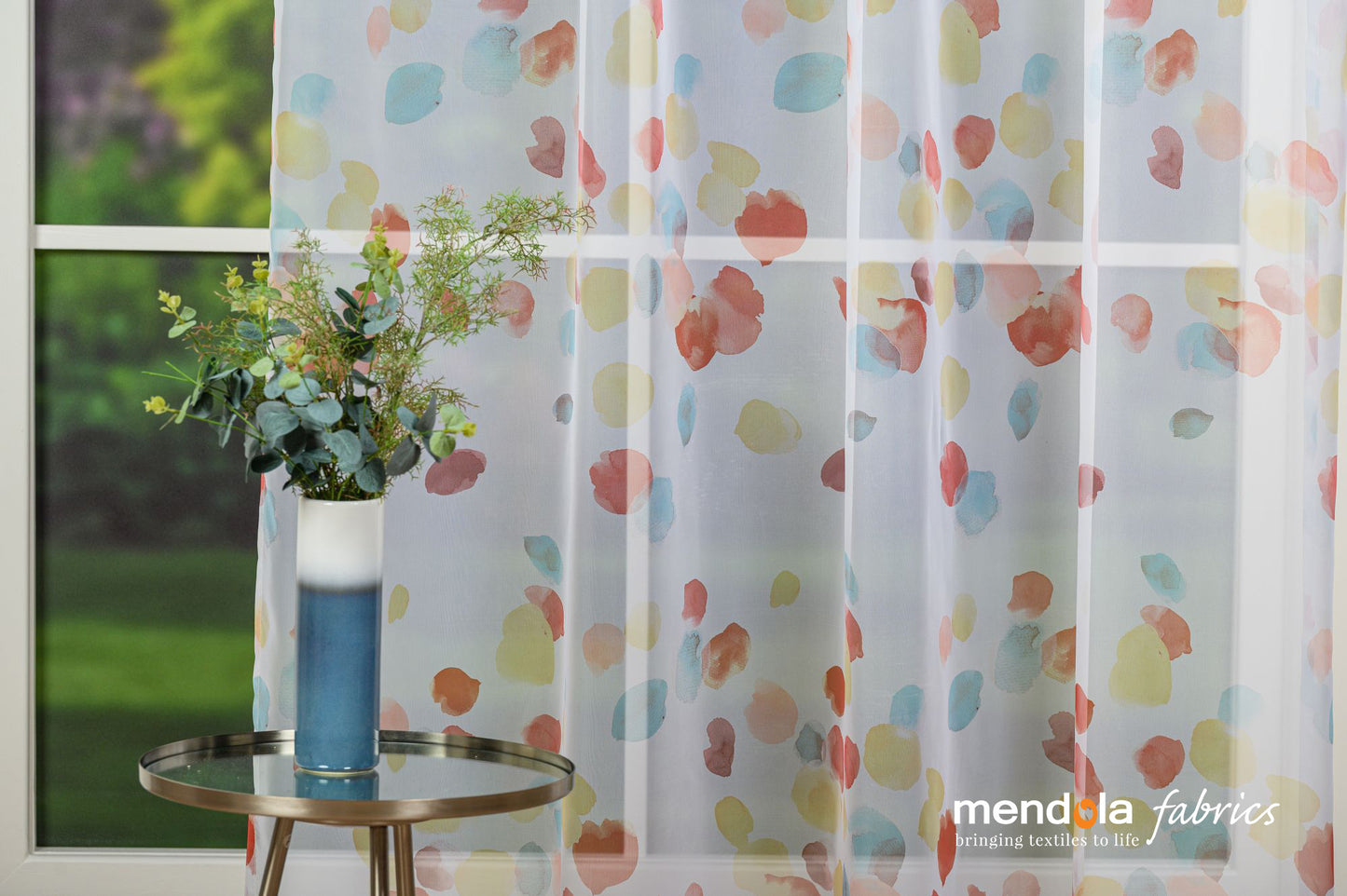 Dessi V2 curtain, yellow, terracotta, with multi-colored polka dots