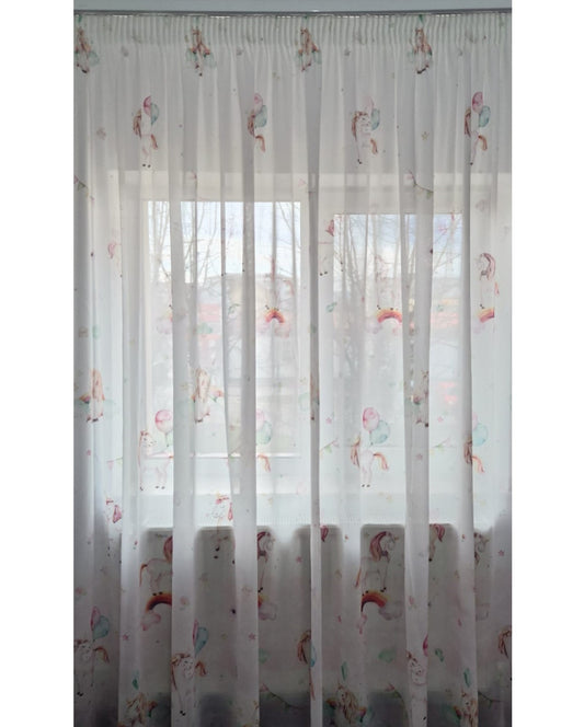 Perdea 534 CVK3089/01, din in natural, albă, imprimeu multicolor cu unicorni, model exclusiv