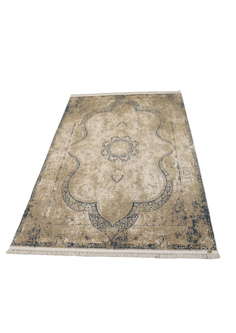 Autentik E017B rug, Pierre Cardin, silk and bamboo, abstract pattern, cream / blue, 160 x 230 cm