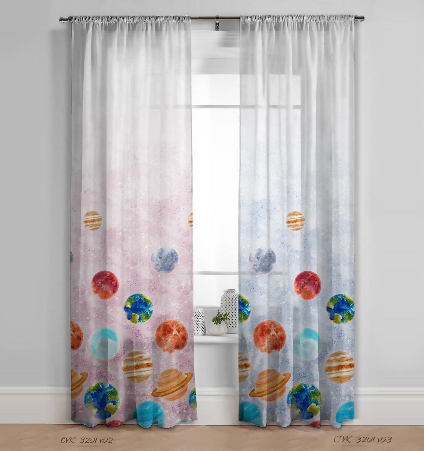 Perdea 534 CVK3201/01, din in natural, albă, imprimeu cu planete