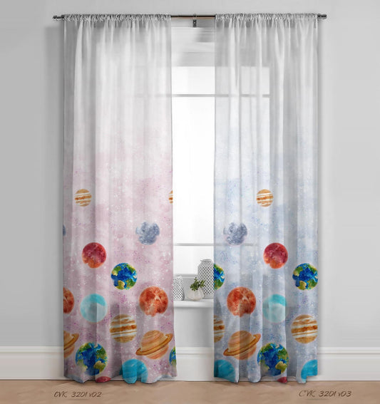 Perdea 534 CVK3201/01, din in natural, albă, imprimeu cu planete