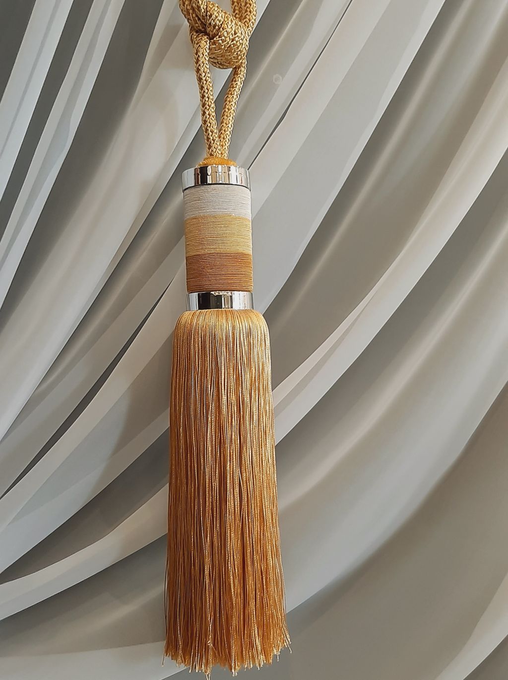 Canaf Gold, decorative tassel with cord for curtains and drapes, yellow, white and cream, in gradients, 80 cm