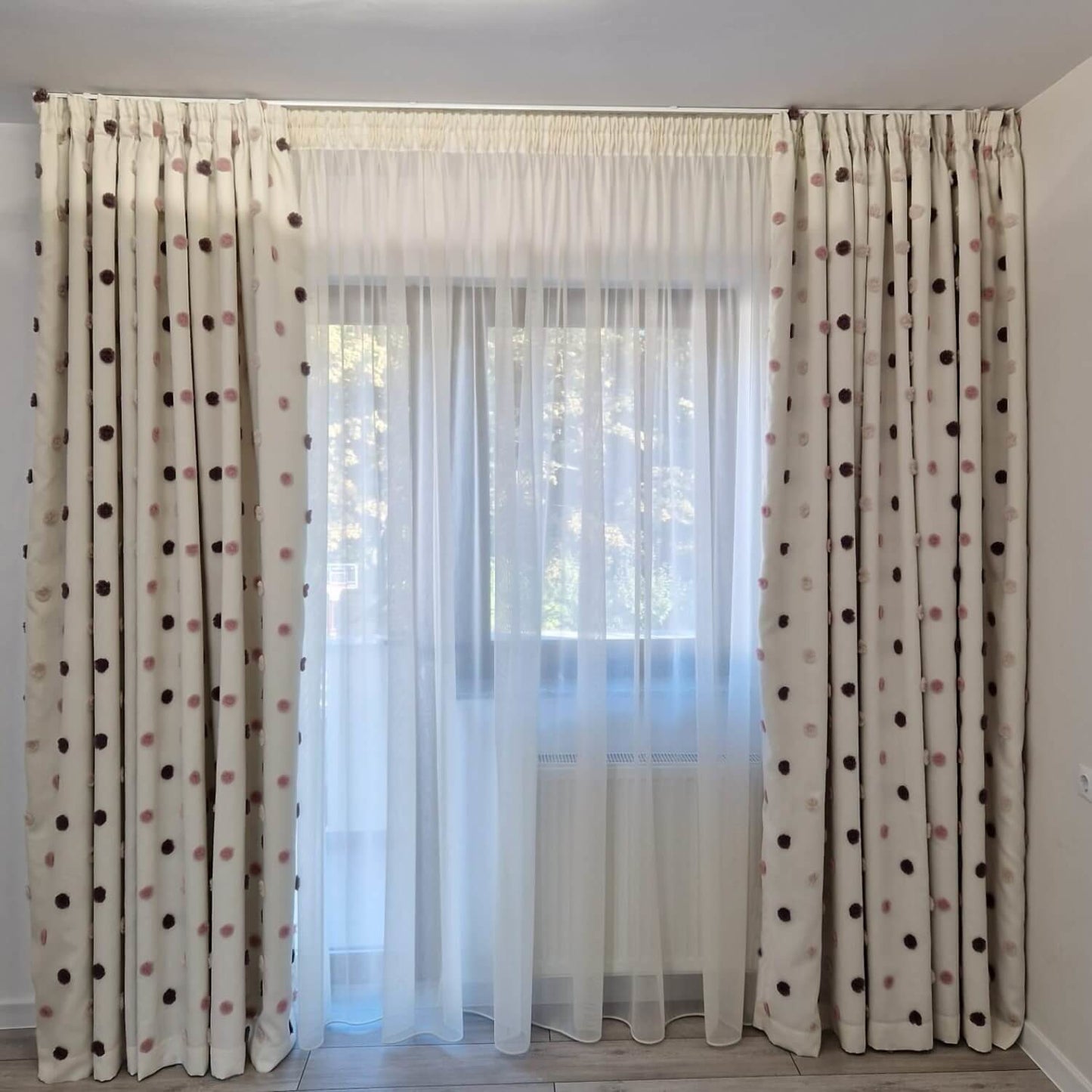 Joy 02 drapery, 3D pattern with pink and purple polka dots woven in relief, ivory background