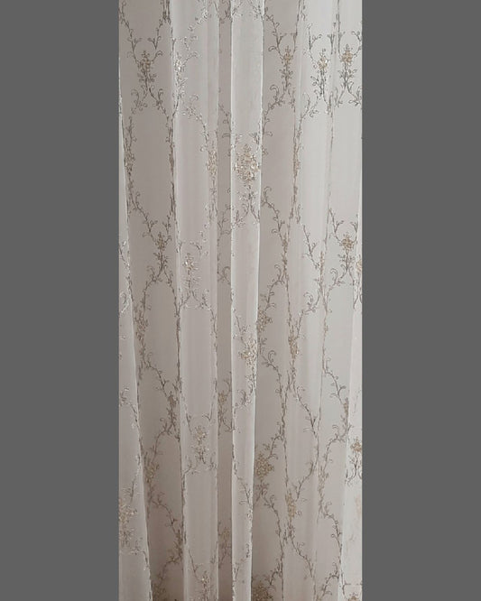 Perdea K24179/03, tull alb cu broderie model floral bej și gri