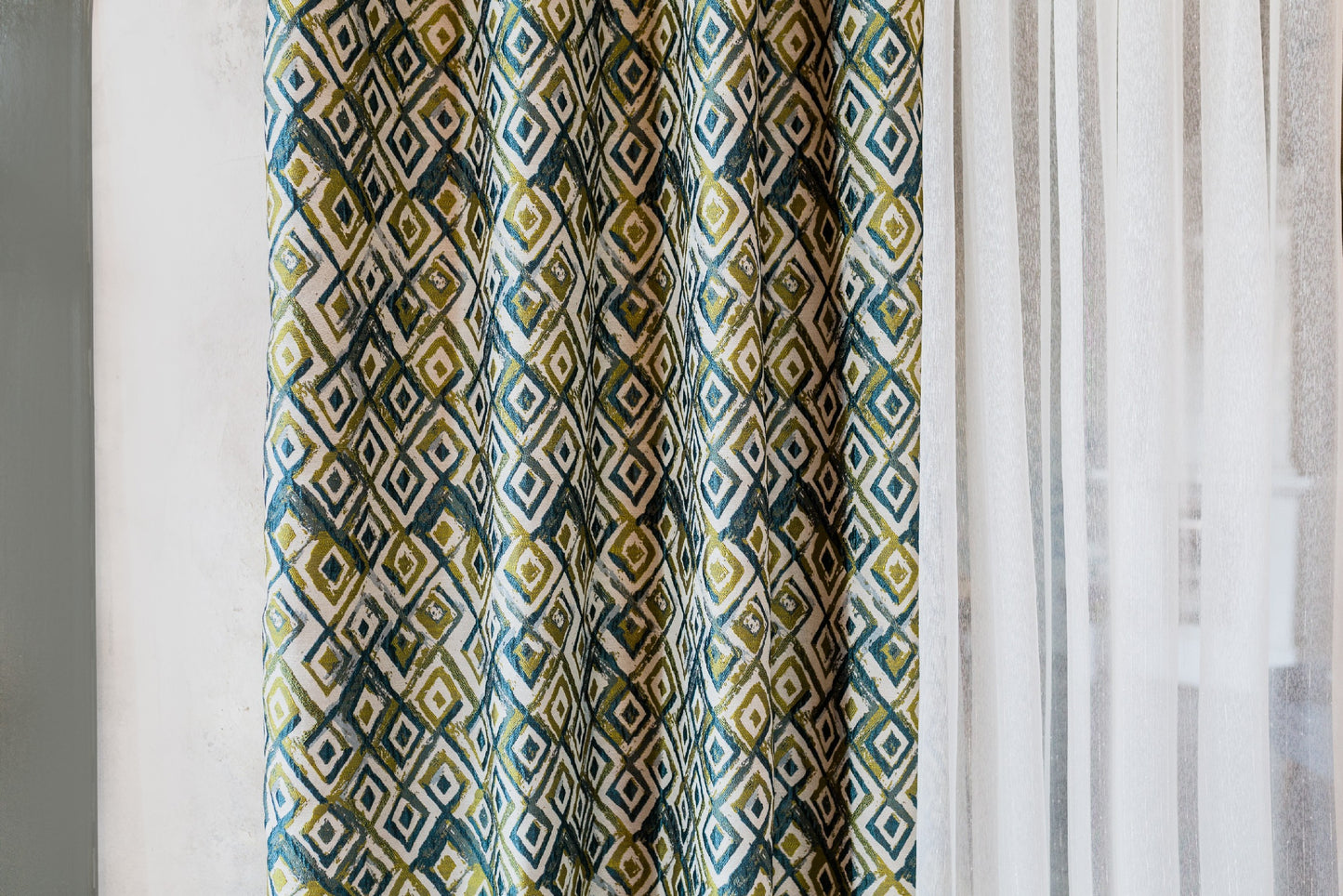 Draperie Moroccan J5, galben, verde, ivoire, model geometric, bumbac