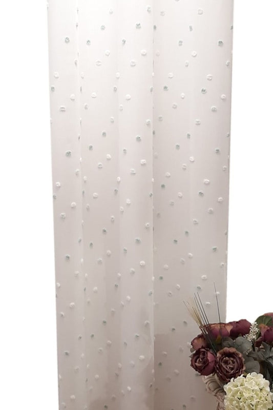 Perdea 2116/05, in, fond alb cu model 3D cu buline verde mentă