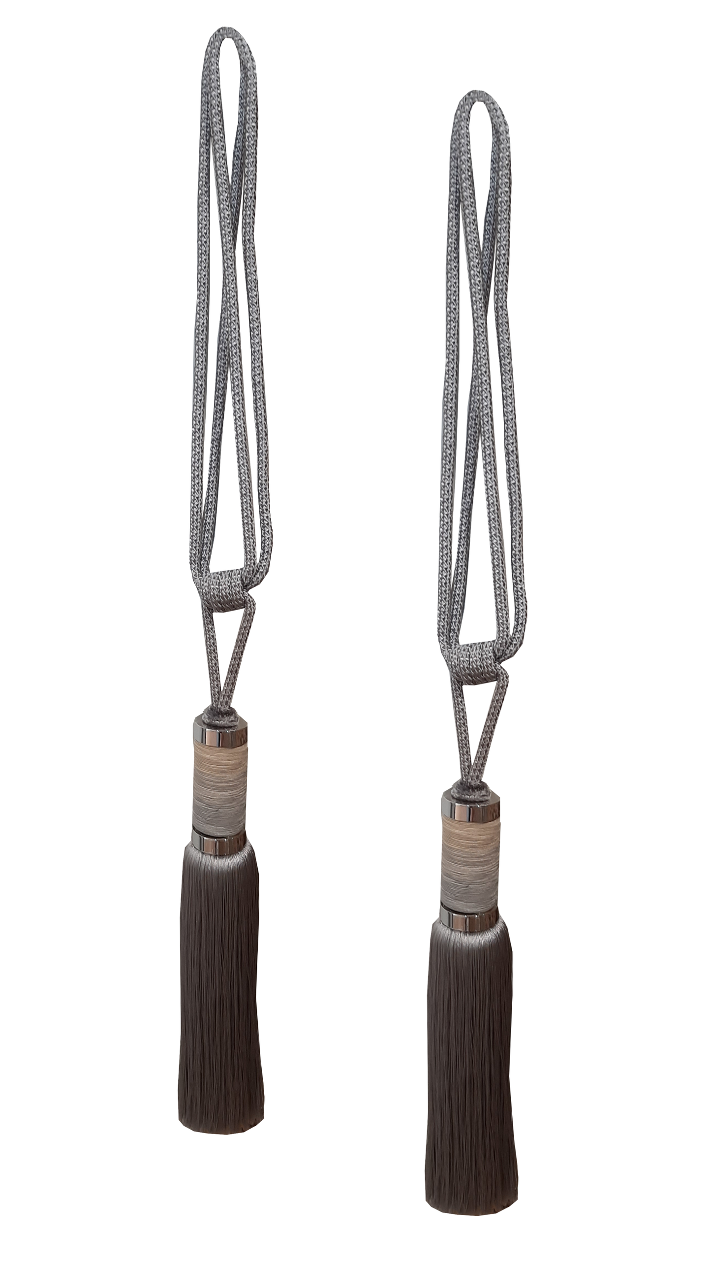 Set 2 ciucuri decorativi cu șnur pentru perdele și draperii, Canafi Silver, crem și gri, în degrade, 80 cm
