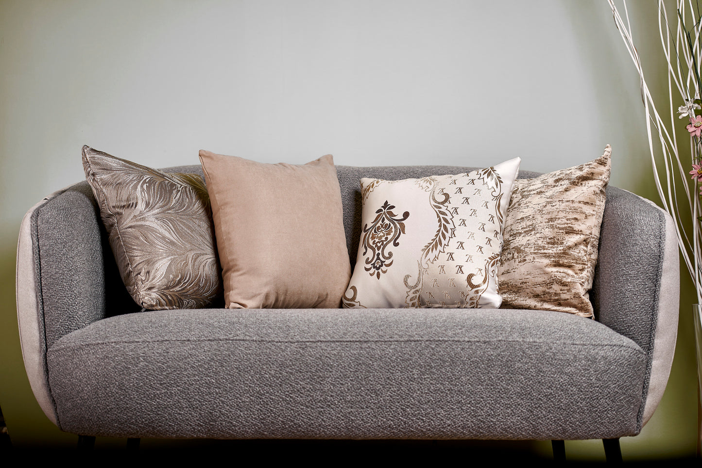 Set 4 fețe pernă – Husă pernă decorativă 40×40, tafta texturată, bej, bej cu striații aurii, gri perlat, bej cu model baroc