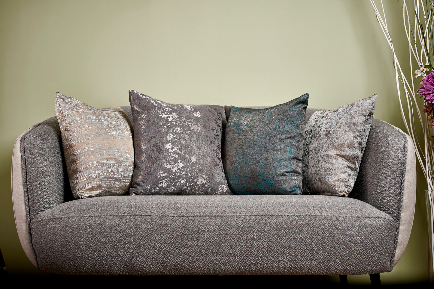 Set 4 fețe pernă – Husă pernă decorativă 40×40, tafta texturată, gri patinat, bej cu gri perlat, turquoise cu gri antracit, albastru cu bej și gri perlat