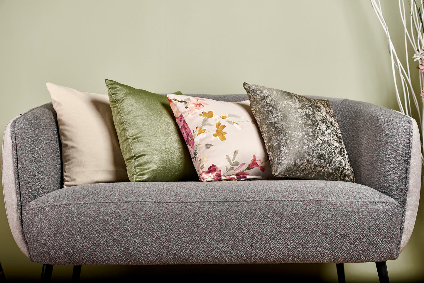 Set 4 fețe pernă – Husă pernă decorativă 40×40, tafta texturată, bej, verde, model floral, verde cu striații crem