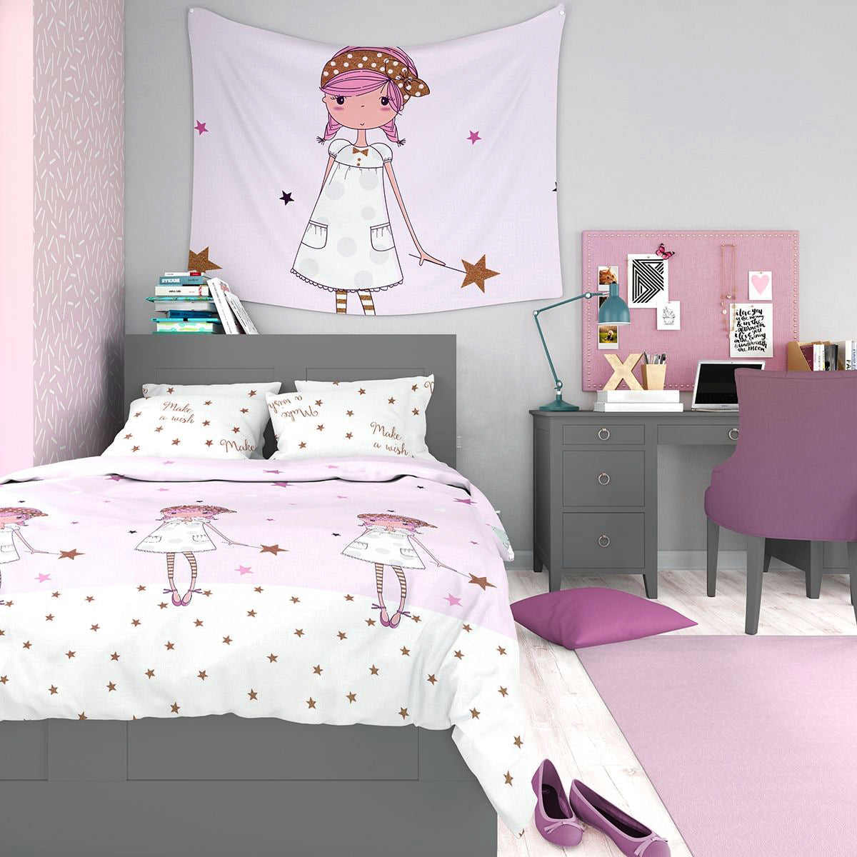 Lenjerie de pat pentru copii MAKE A WISH 100% Bumbac Ranforce 3 piese