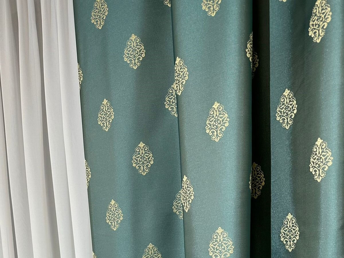 TS Baroque drapery, taffeta, mint green with classic baroque gold pattern