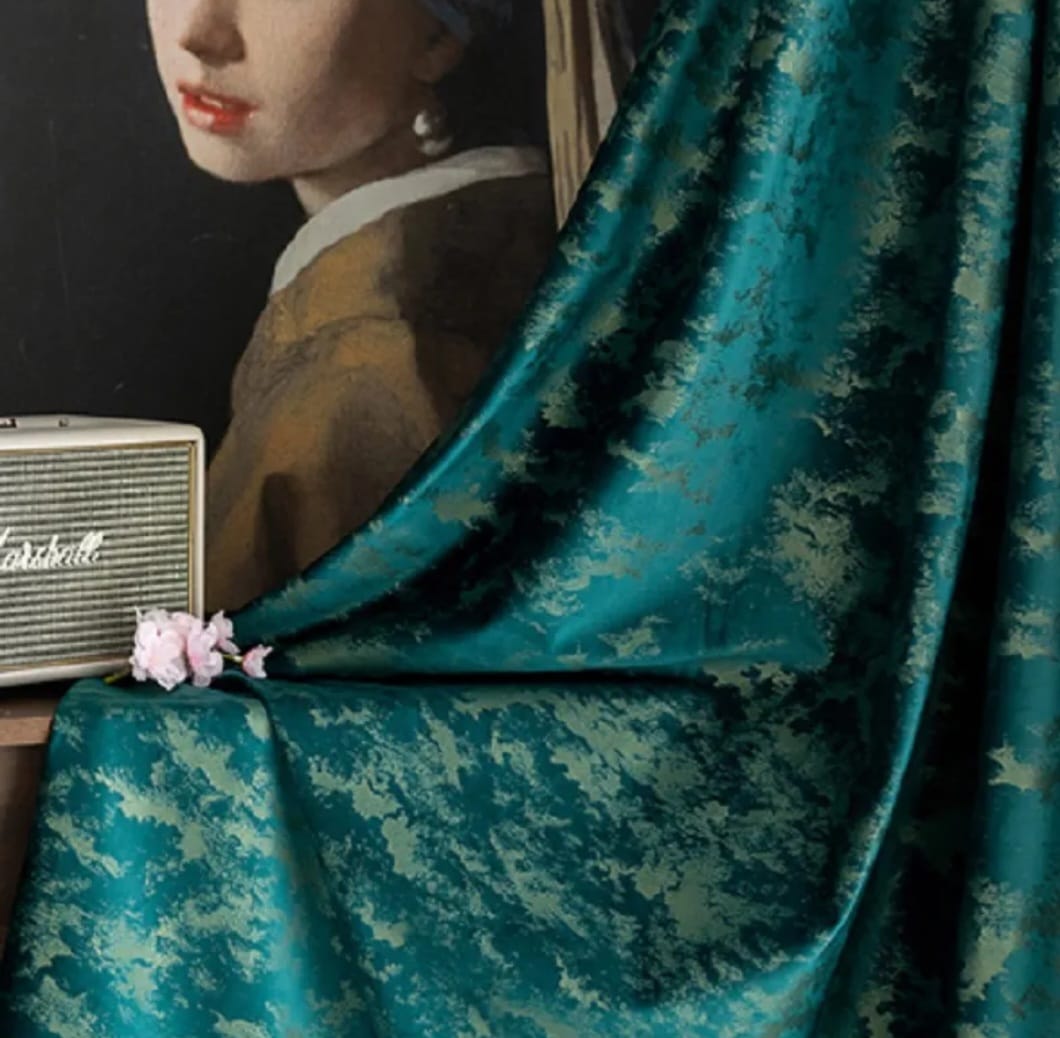 Draperie catifea Velvet 112/39, imprimată, texturată, turcoaz cu patină aurie