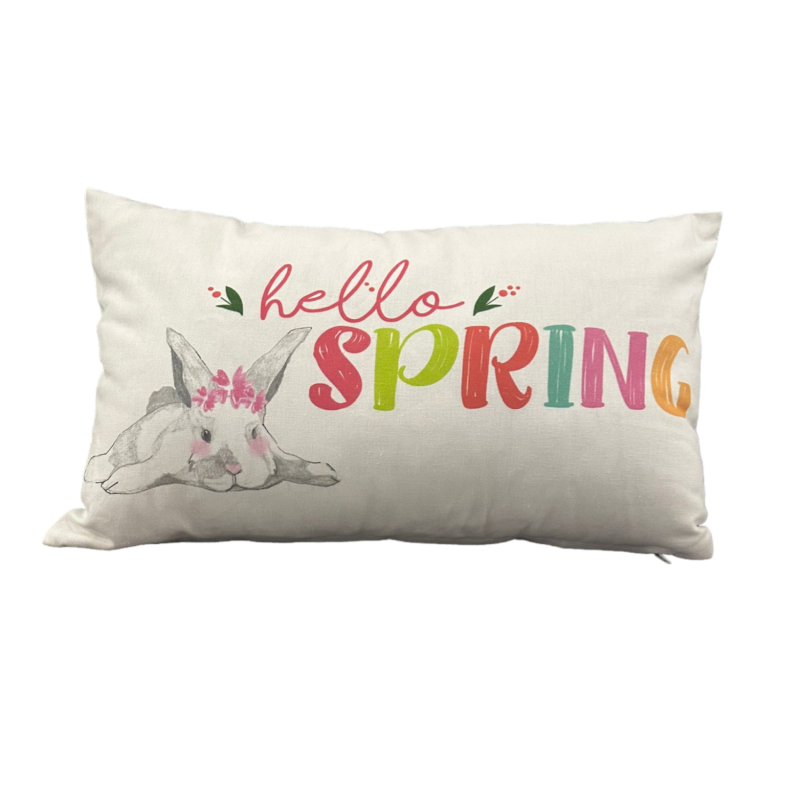 Față de pernă Hello Spring, 30 x 50 cm, bumbac, imprimeu cu iepuraș