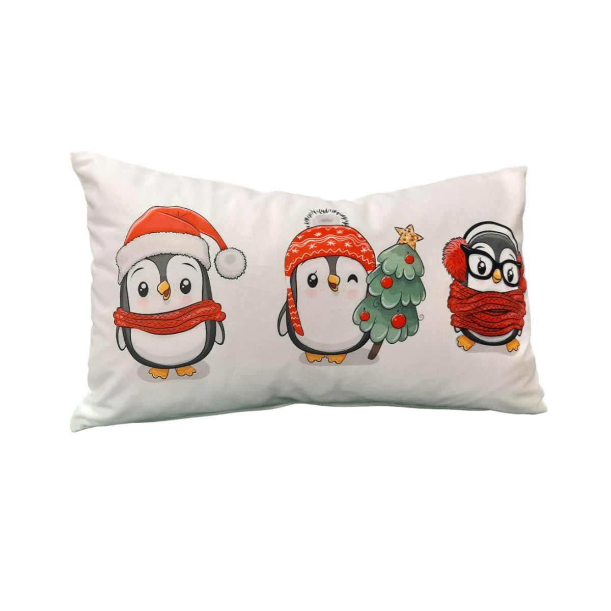 Față de pernă Velvet Happy Christmas, 30 x 50 cm, catifea, model decorativ de Crăciun, cu pinguini