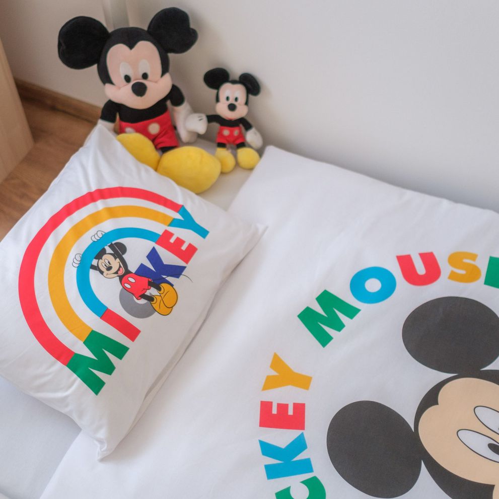 Lenjerie de pat baby, MICKEY D/02, bumbac 100%, cearceaf pilotă 90x130, față pernă 40x50, Colecția Disney