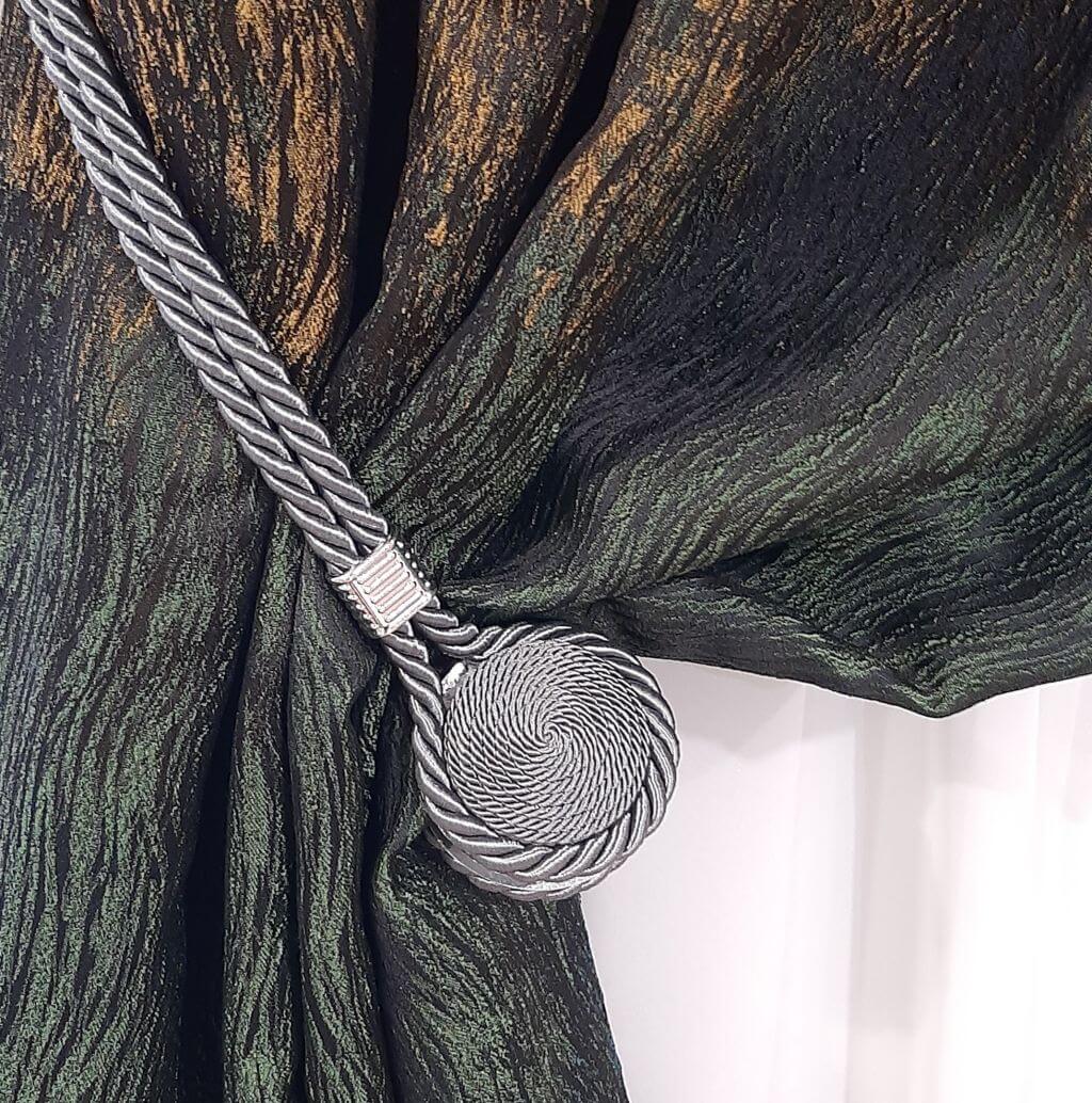 Set of 2 decorative curtain magnets, oval shape, double textile cord 53 cm, anthracite grey