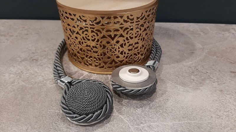 Set of 2 decorative curtain magnets, oval shape, double textile cord 53 cm, anthracite grey