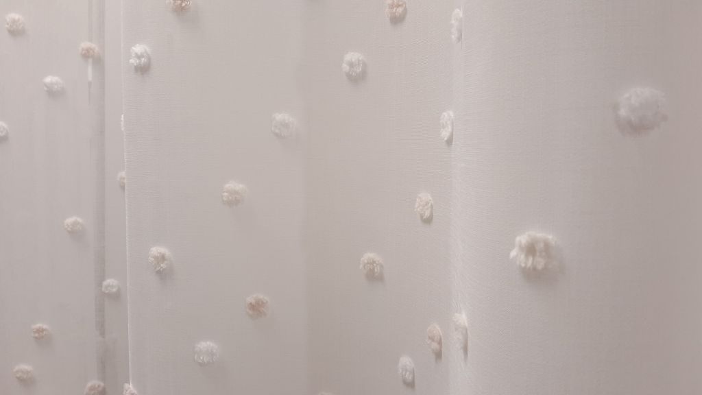 Curtain 2116/07, linen, white background with 3D pattern with pink polka dots