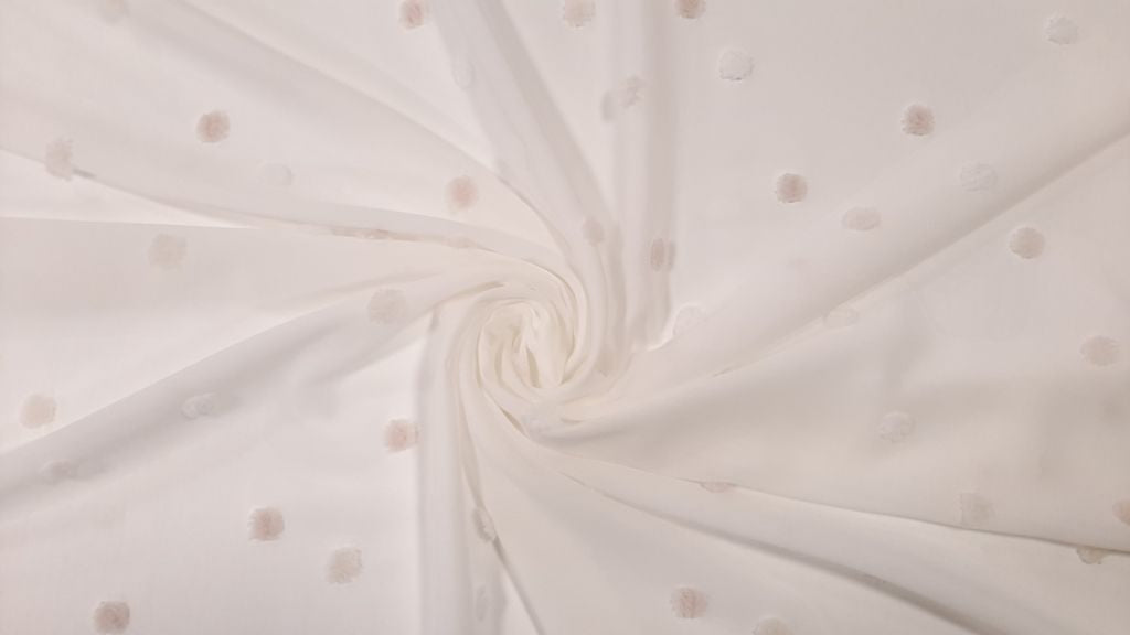 Curtain 2116/07, linen, white background with 3D pattern with pink polka dots