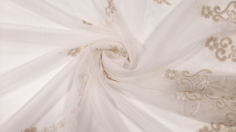 Perdea 4000161/12, albă, tull cu broderie bej auriu