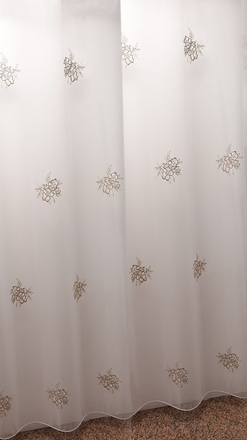 Perdea 4000168/04, albă, tull, broderie cu flori bej-auriu
