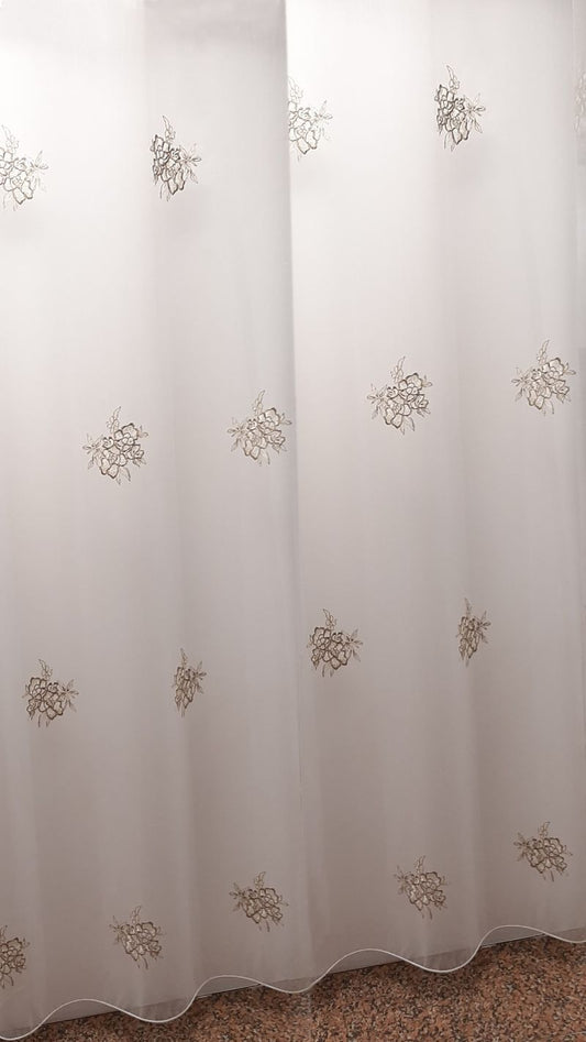 Perdea 4000168/04, albă, tull, broderie cu flori bej-auriu