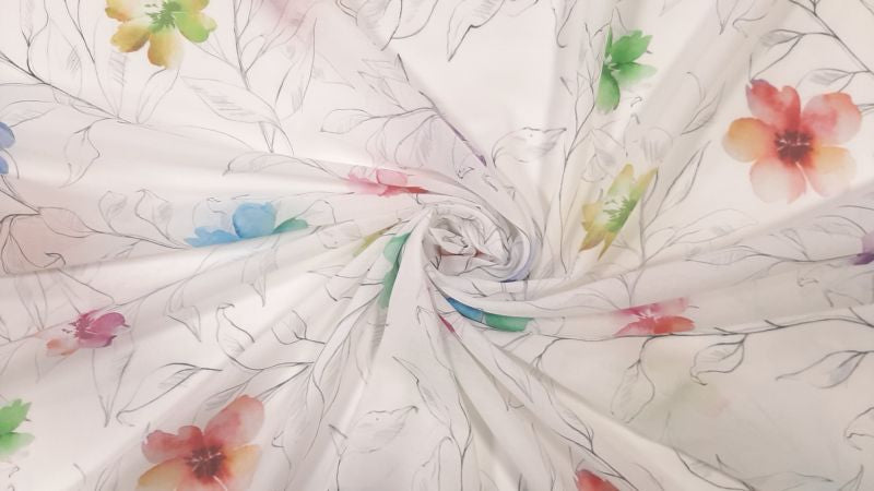 Curtain 534 CVK 4381/01, linen, white background with multicolor floral pattern