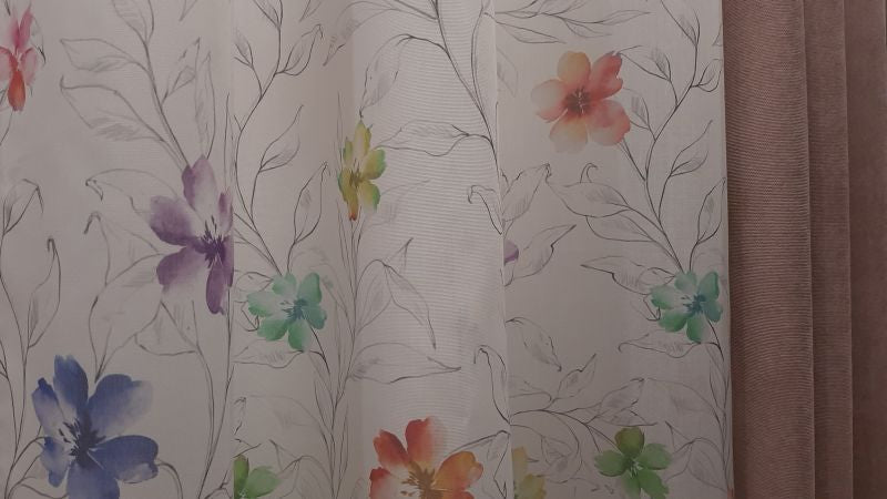 Curtain 534 CVK 4381/01, linen, white background with multicolor floral pattern