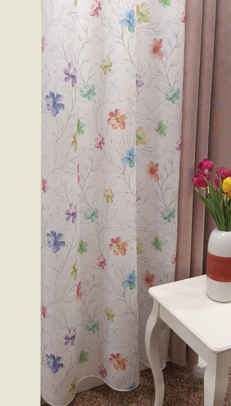 Curtain 534 CVK 4381/01, linen, white background with multicolor floral pattern