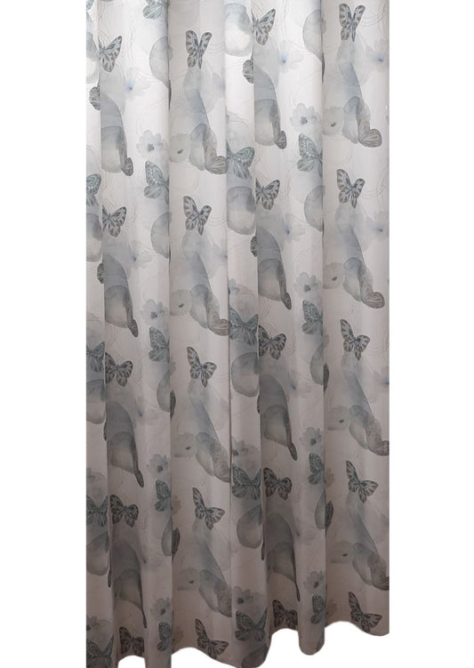 Perdea 534 CVK 4897/01, in, fond alb cu flori verzi și fluturi