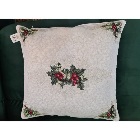 Față de pernă decorativă Silver Christmas, 40 x 40 cm, bumbac, model de Crăciun, cu crengi de vâsc, argintiu și verde