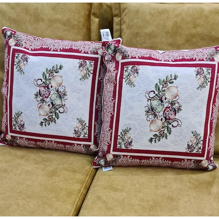 Față de pernă decorativă Sweet Red Christmas, 40 x 40 cm, bumbac, model de Crăciun, cu globulețe, argintiu și roșu