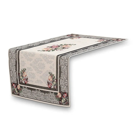 Napron Sweet Brown Christmas, bumbac, model cu globulețe, alb, argintiu și verde olive, dimensiuni 45 x 95 cm