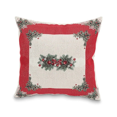 Față de pernă decorativă Merry Christmas, 40 x 40 cm, model de Crăciun, cu crengi de brad, bumbac, alb și roșu