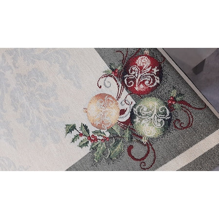 Față de masă Sweet Brown Christmas, cu model festiv de Crăciun, bumbac, alb și verde olive, cu globulețe