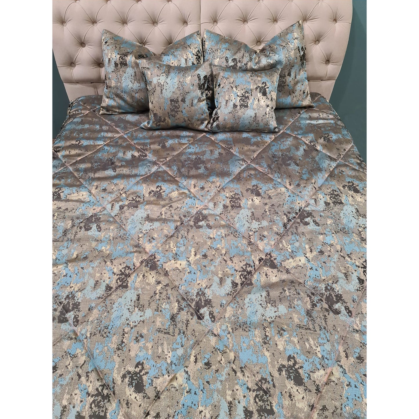 Set 2 perne decorative cu burdufi 20365/4110, mătase, auriu și turcoaz, 40x40 cm