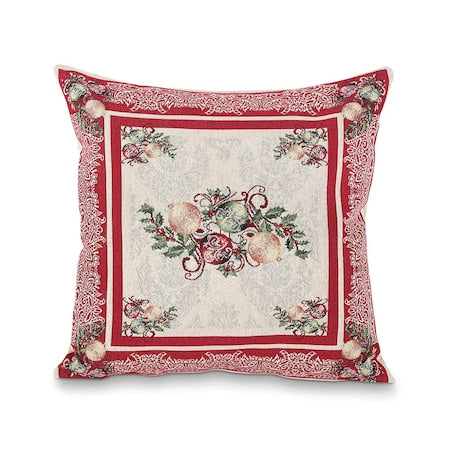 Față de pernă decorativă Sweet Red Christmas, 40 x 40 cm, bumbac, model de Crăciun, cu globulețe, argintiu și roșu