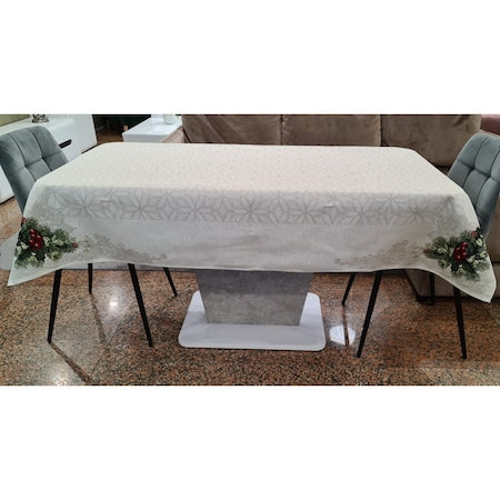 Silver Christmas tablecloth, festive Christmas pattern, cotton, white and silver